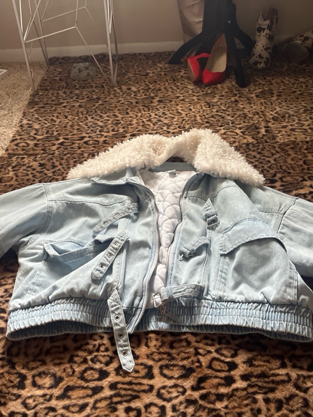 Forever 21 Light Wash Denim Jacket with White Sherpa Collar